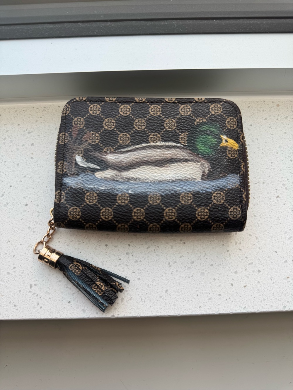 Tassel Zip Wallet with Duck Motif - Black